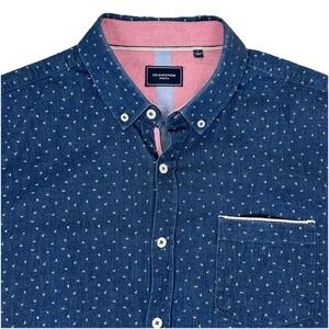 7 Diamonds Men's L Navy Geometric Stretch Short Sleeve Button Down Shirt